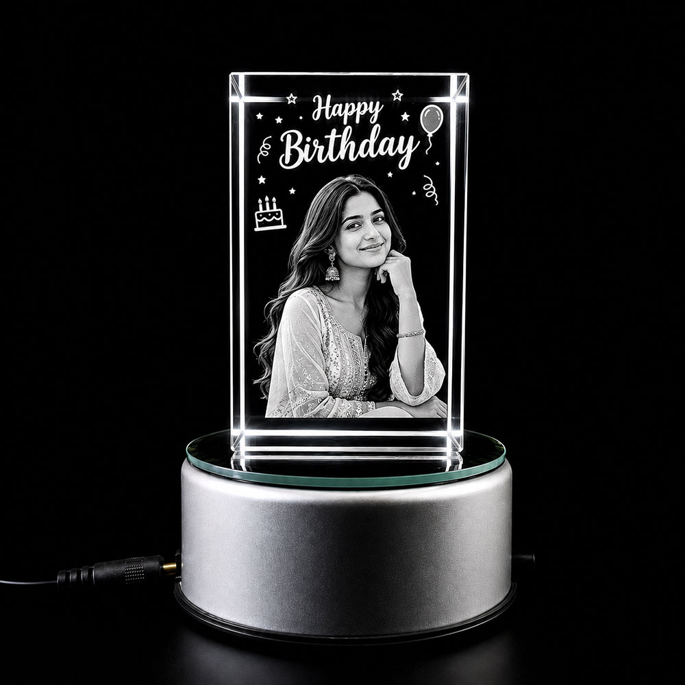 Crystal Birthday Gift with Detachable LED Light Base – Personalized Photo Engraving