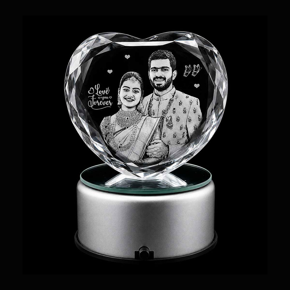 Personalized 3D Crystal Heart Gift with Rotating LED Base for Couples