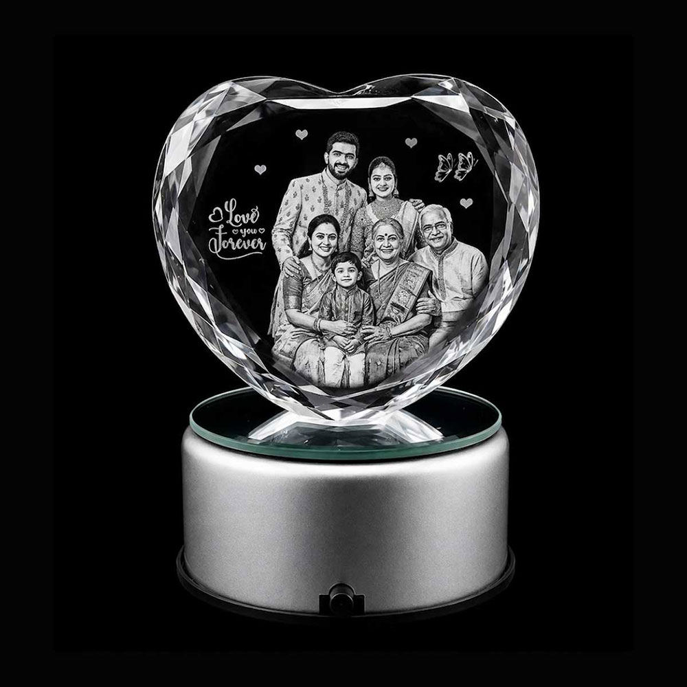 Personalized 3D Crystal Heart Gift with Rotating LED Base for Family