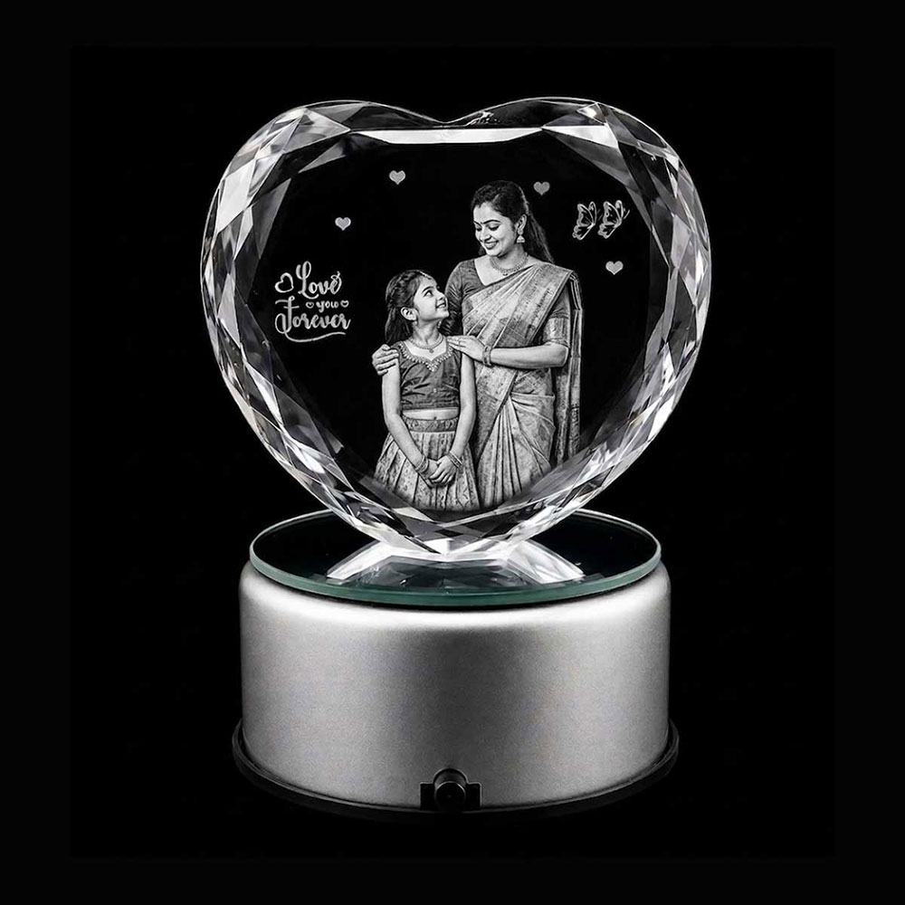 Personalized 3D Crystal Heart Photo with Rotating LED Light Base & Power Adapter – Custom Engraved Gift for Mom, Dad